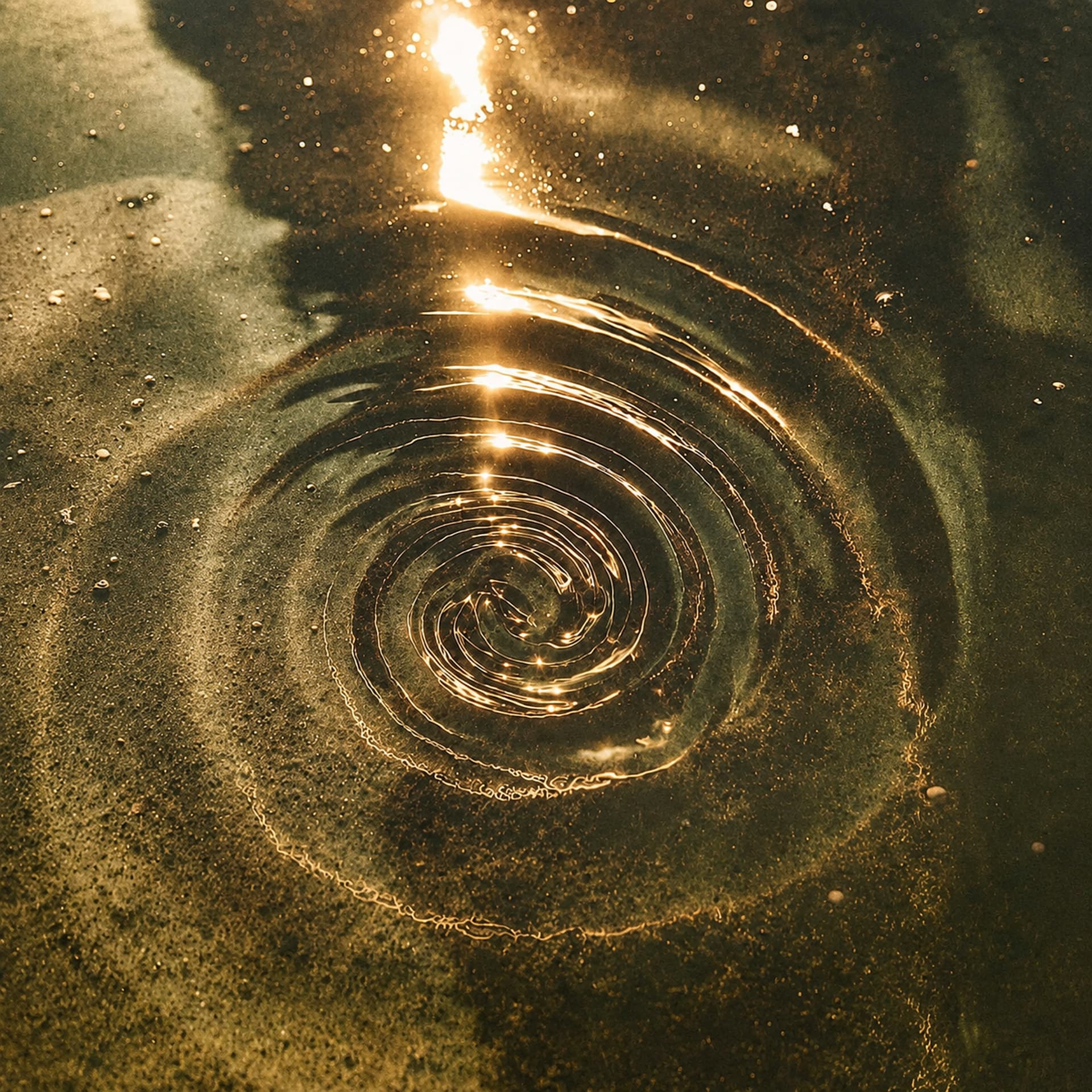 Golden sunlight rippling through dark water in a spiral